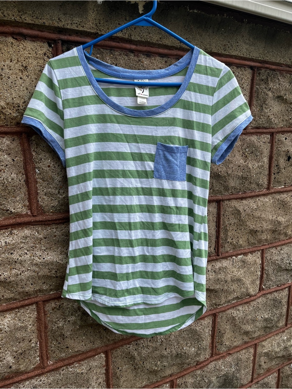 Self Esteem Green & White Striped Tee with Blue Pocket Trim Junior large